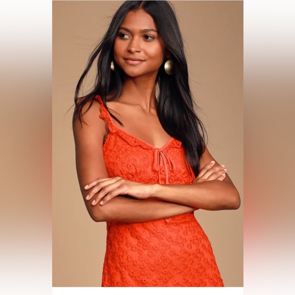 Lulus Charmaine red orange embroidered mini dress - Picture 3 of 10